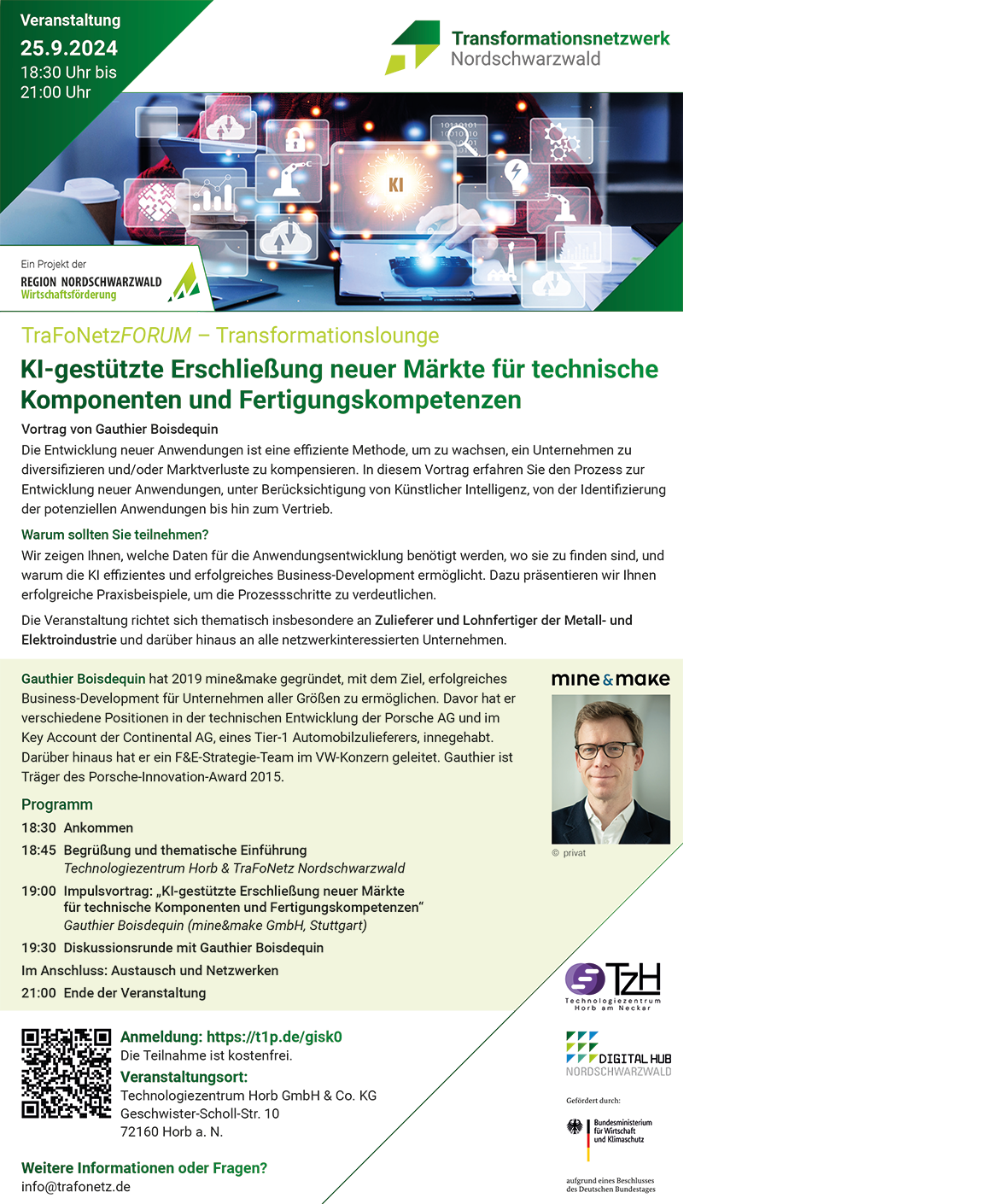 Flyer zur Transformationslounge KI-gestützte Erschließung neuer Märkte für technische Komponenten und Fertigungskompetenzen vom TraFoNetz Nordschwarzwald